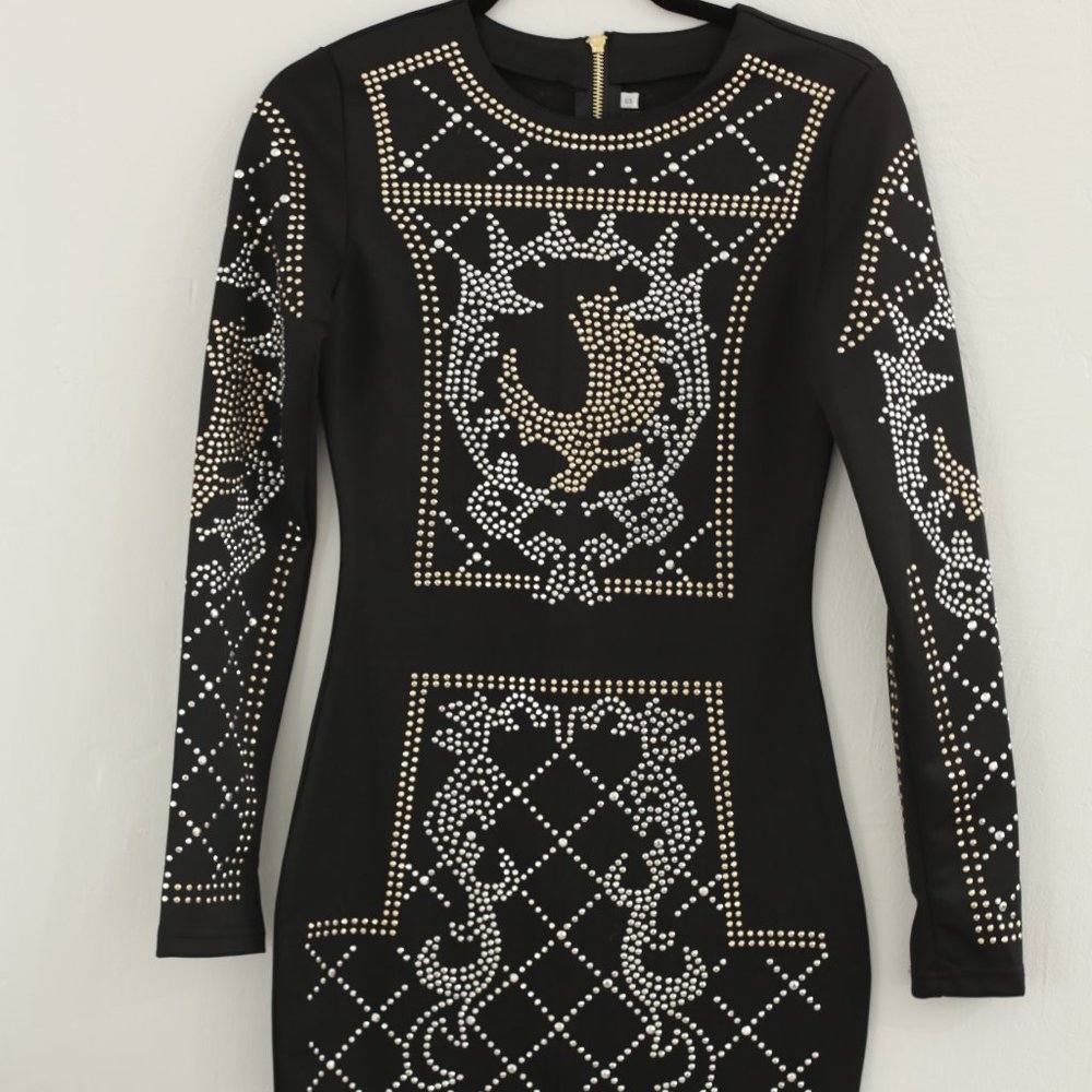 NWT Small Mis Ord Sequin Long Sleeve Bodycon Rhinestone Studded Party Dress